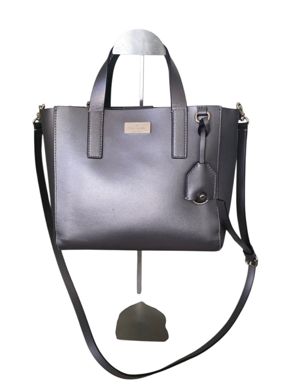 Kate Spade Metallic Gunmetal Leather All Leather Satchel Tote Crossbody Bag